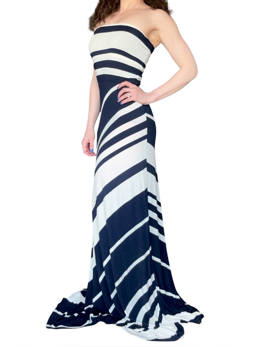 Strapless Navy White Striped Maxi Dress Nautical Summer Stretchy Ocean Drive S